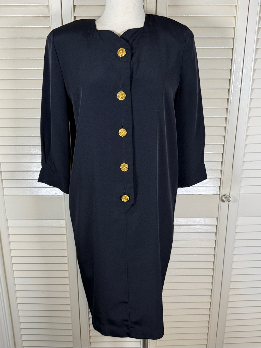 Vintage MS Chaus Black Shift Dress Gold Buttons 6